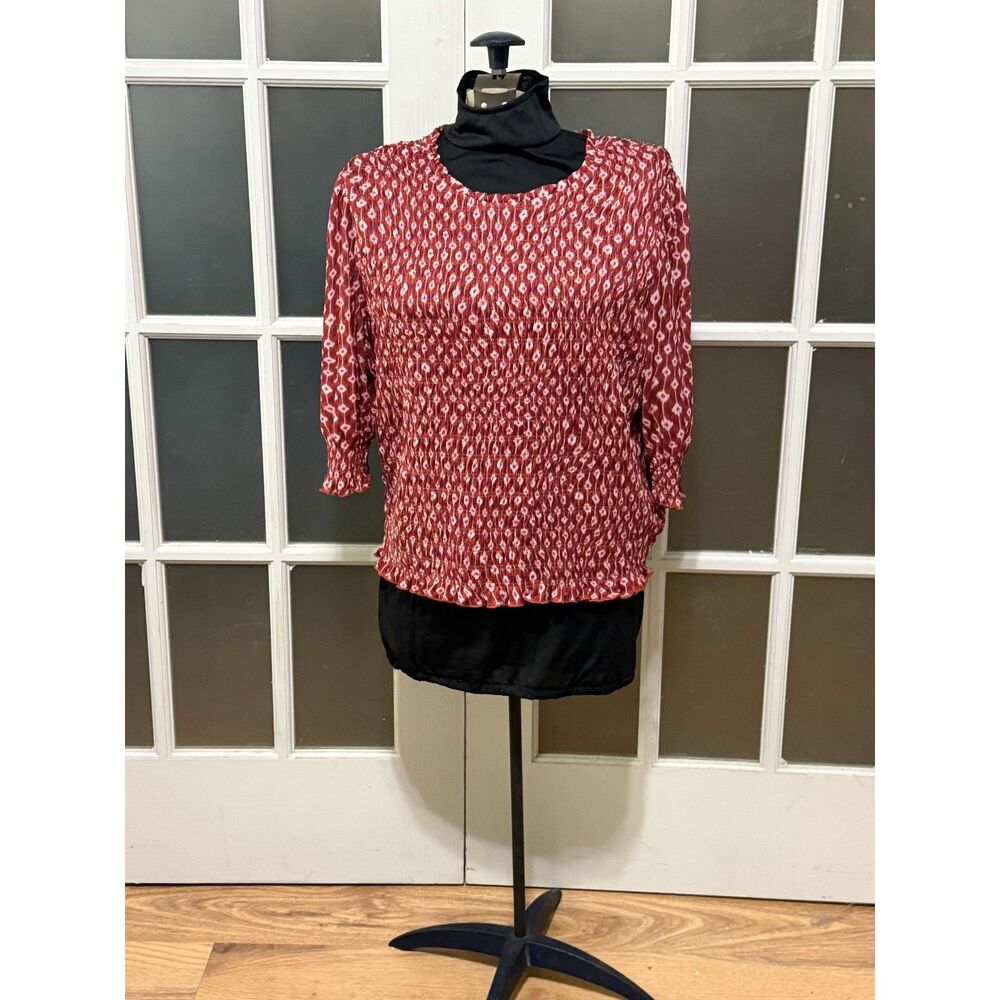 Time & Tru Smocked Mesh Top XXL 20W Red Rusty Bronze Ikat Print 3/4 Sleeve